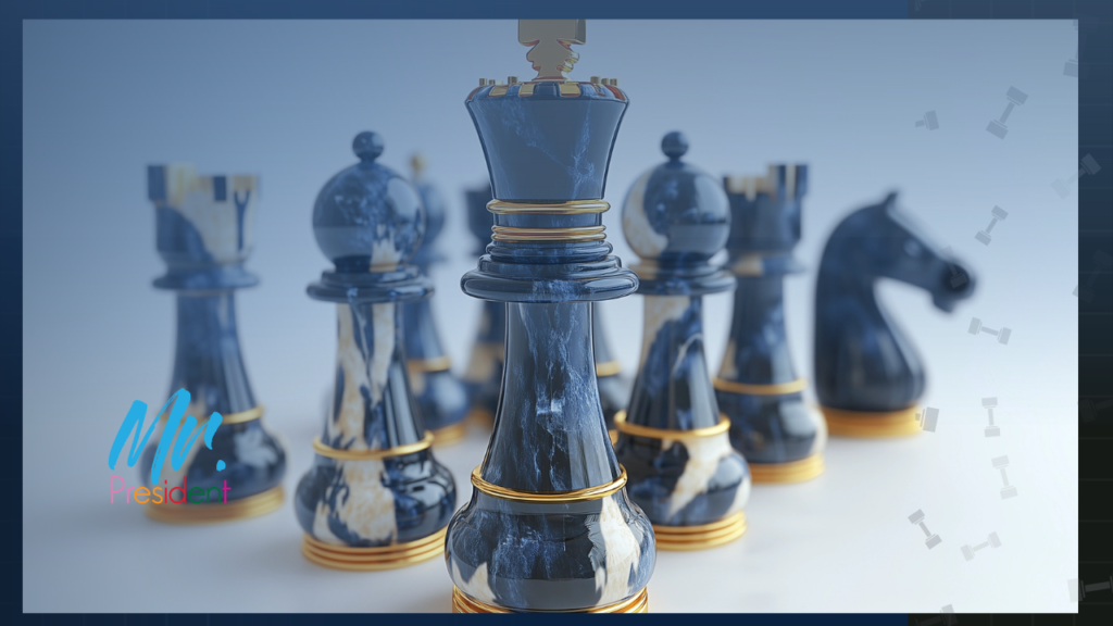 navy and white marble texture with 18k gold accent chess pieces