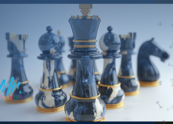 navy and white marble texture with 18k gold accent chess pieces